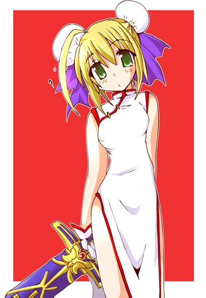 artoria pendragon (fate), saber (fate), fate/stay night, fate (series), type-moon, 00s, ahoge, alternate costume, blonde hair, bun cover, china dress, chinese clothes, double bun, dress, green eyes, hair bun, hair ribbon, ribbon, solo, sword, weapon