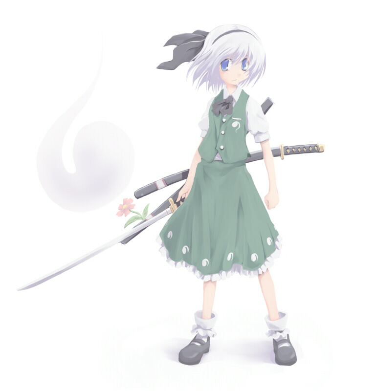 nekoguruma, konpaku youmu, konpaku youmu (ghost), touhou, silver hair, 1girl, blue eyes, female focus, flower, ghost, hairband, hitodama, katana, ribbon, sheath, solo, sword, weapon