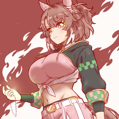 tachibana nukesaku, dantsu flame (umamusume), umamusume, lowres, 1girl, ahoge, animal ears, belt, black shrug, blush, bow, breasts, brown eyes, brown hair, checkered ribbon, closed mouth, dantsu flame (center spotlight) (umamusume), ear covers, ear ornament, ear ribbon, hair between eyes, hair ornament, hairband, holding, holding jewelry, holding necklace, horse ears, horse girl, horse tail, jewelry, large breasts, midriff, multicolored hair, navel, necklace, pink hairband, pink shirt, pink shorts, shirt, shorts, shrug (clothing), solo, tail, tied shirt, white belt, white hair, white shirt