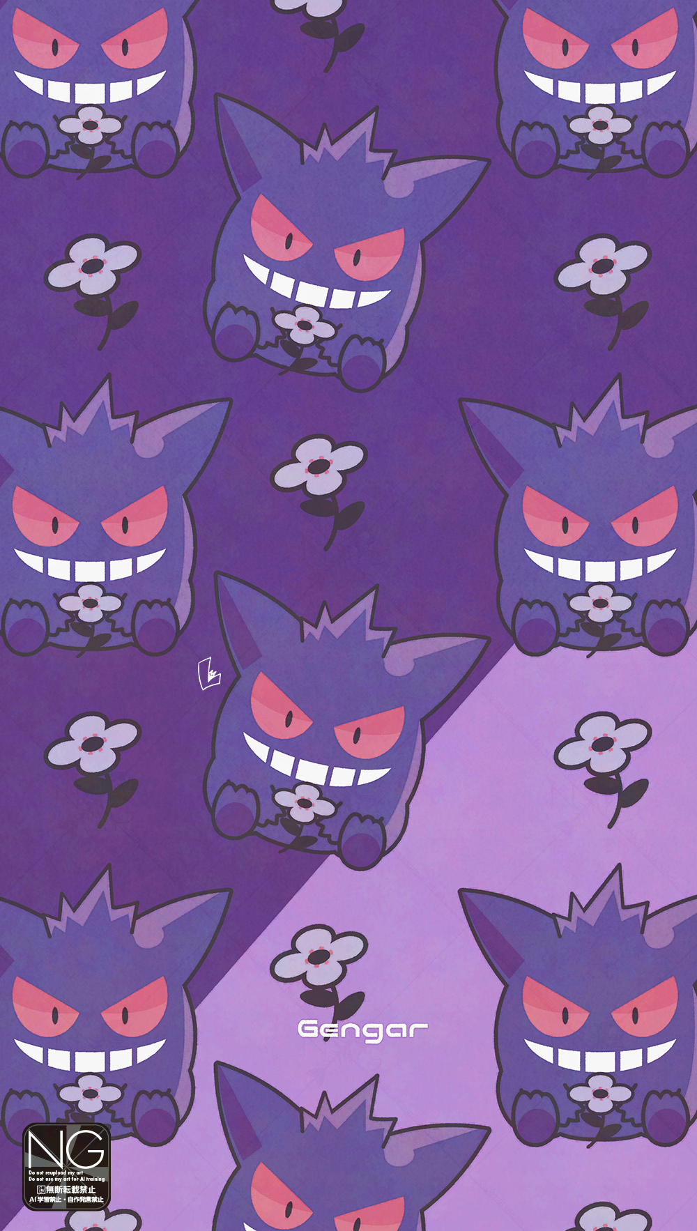 meme (sleepsheep), gengar, nintendo, pokemon, highres, colored sclera, flower, gen 1 pokemon, ghost, grin, looking at viewer, no humans, open mouth, pokemon (creature), red eyes, red sclera, smile, teeth