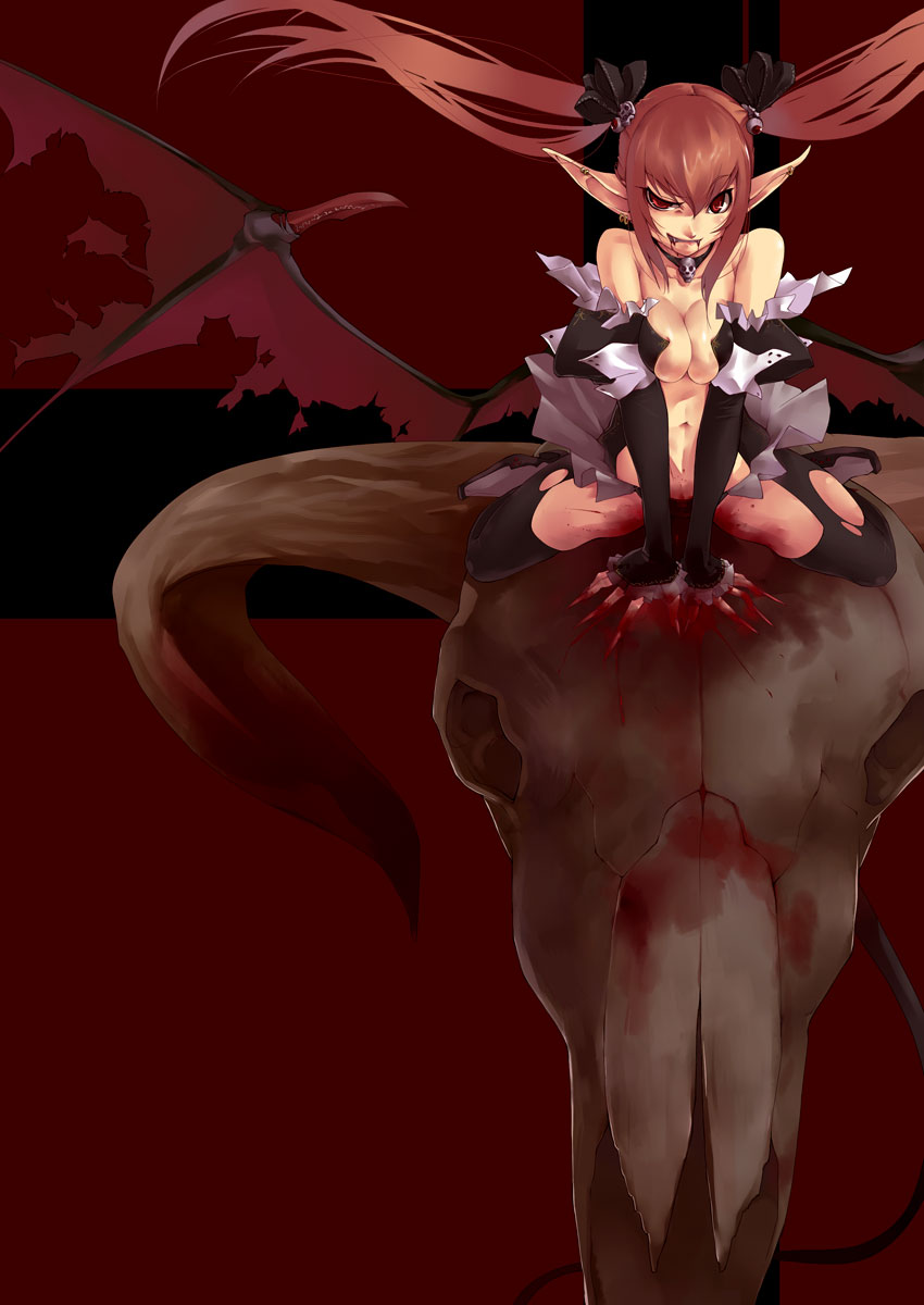 maitake (loose), carmilla, original, highres, 1girl, :p, bat wings, blood, breasts, breasts squeezed together, choker, demon girl, fang, fangs, female focus, pointy ears, skull, solo, tail, tongue, tongue out, twintails, wings