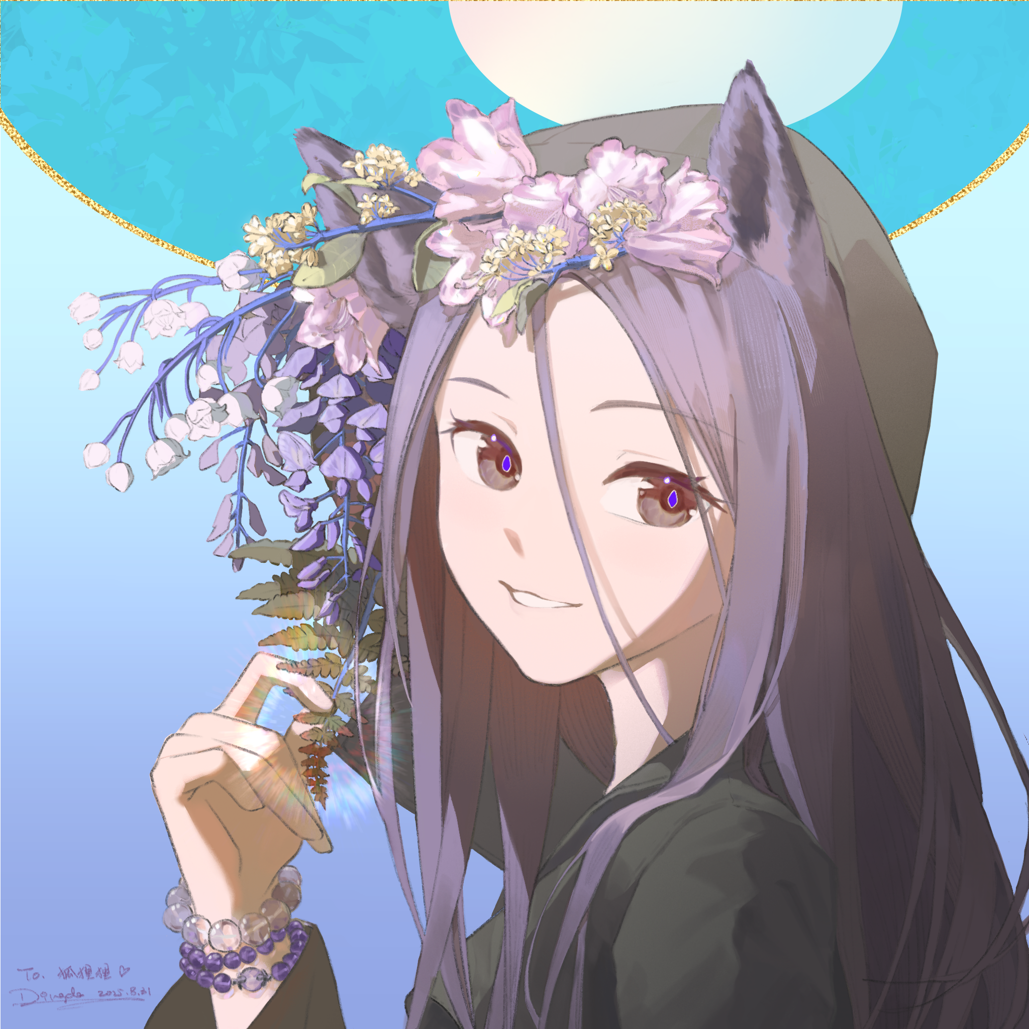 original, chinese commentary, commentary request, highres, 1girl, animal ears, arm up, artist name, bead bracelet, beads, black eyes, black shirt, bracelet, dated, dingda, flower, from side, hair between eyes, holding, holding plant, jewelry, long hair, long hair between eyes, long sleeves, looking at viewer, parted lips, plant, purple flower, purple hair, purple pupils, shirt, smile, solo, wolf ears