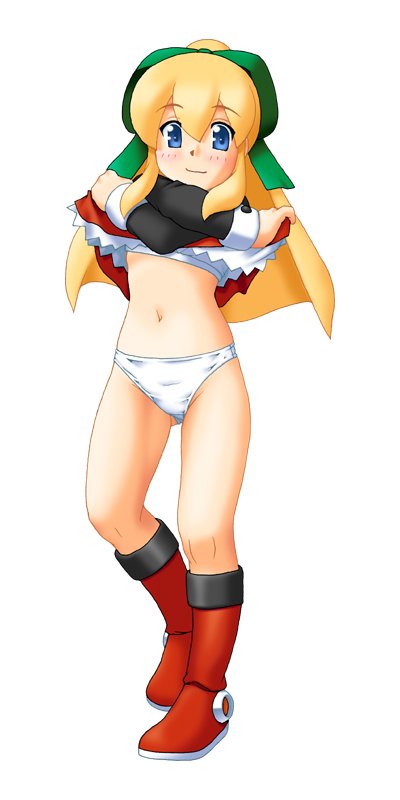 roll (mega man), capcom, mega man (classic), mega man (series), 1girl, blonde hair, blue eyes, boots, clothes lift, female focus, hair ribbon, knee boots, panties, ponytail, ribbon, skirt, skirt lift, solo, underwear, undressing
