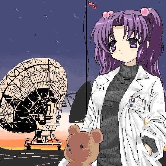toshi (little-fluffy-cloud), ichinose kotomi, clannad, nasa, 00s, 1girl, american flag, black sweater, female focus, flag, flag pole, hair bobbles, hair ornament, id card, lab coat, logo, long hair, motion blur, name tag, nasa logo, oekaki, purple eyes, purple hair, radio telescope, solo, stuffed animal, stuffed toy, sweater, teddy bear, turtleneck, twilight, twintails, two side up, united states, very large array