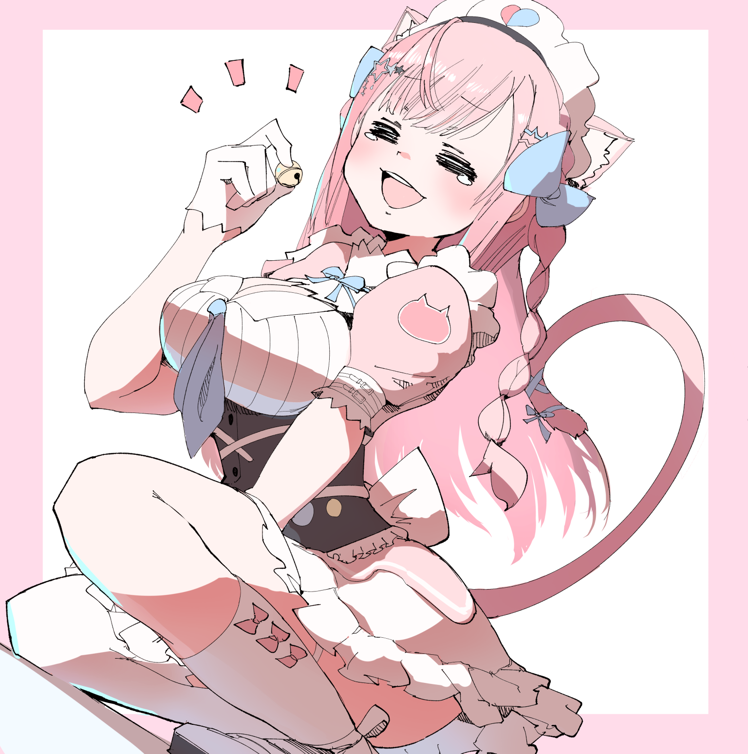 suo (esu), yuuki sakuna, indie virtual youtuber, highres, 1girl, = =, animal ears, animal print, bell, blue bow, blue ribbon, blush, bow, braid, breasts, cat ears, cat girl, cat hair ornament, cat print, cat tail, cleavage, cleavage cutout, closed eyes, clothing cutout, dress, extra ears, gloves, hair bow, hair ornament, hairclip, happy tears, holding, holding bell, jingle bell, large breasts, long hair, maid, maid headdress, neck ribbon, on one knee, open mouth, pink background, pink bow, pink dress, pink hair, pink tail, ribbon, short sleeves, single sock, single thighhigh, smile, socks, solo, star (symbol), star hair ornament, tail, tail ornament, tail ribbon, tears, thighhighs, thighs, virtual youtuber, white background, white gloves, white socks, white thighhighs