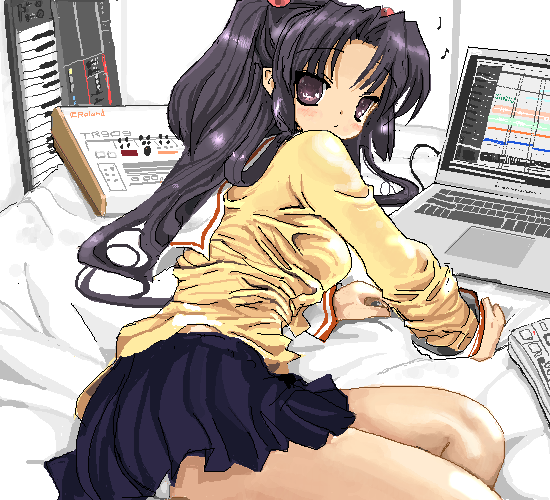 toshi (little-fluffy-cloud), ichinose kotomi, clannad, roland (company), 00s, 1girl, black hair, computer, computer keyboard, female focus, instrument, keyboard, keyboard (instrument), laptop, mixer, musical note, oekaki, purple eyes, school uniform, solo, synthesizer, twintails, two side up