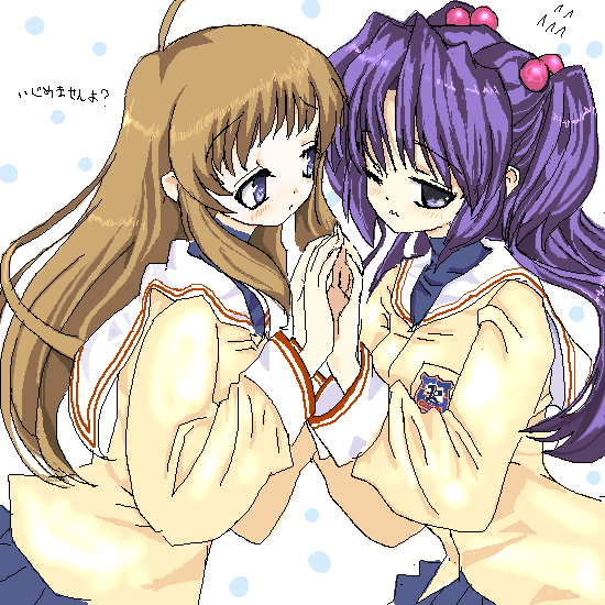toshi (little-fluffy-cloud), ichinose kotomi, miyazawa yukine, clannad, 00s, blue eyes, blue hair, brown hair, hair bobbles, hair ornament, long hair, oekaki, one eye closed, twintails, two side up, wink
