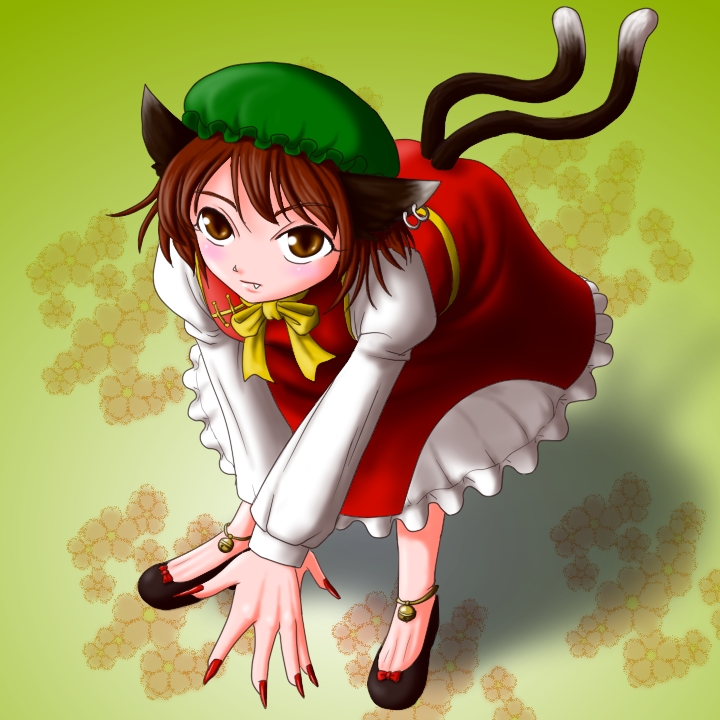 yoshio (yoshiwo0221), chen, touhou, 1girl, animal ears, brown eyes, brown hair, cat ears, cat girl, cat tail, earrings, fang, female focus, full body, gradient background, hat, jewelry, multiple tails, short hair, solo, tail