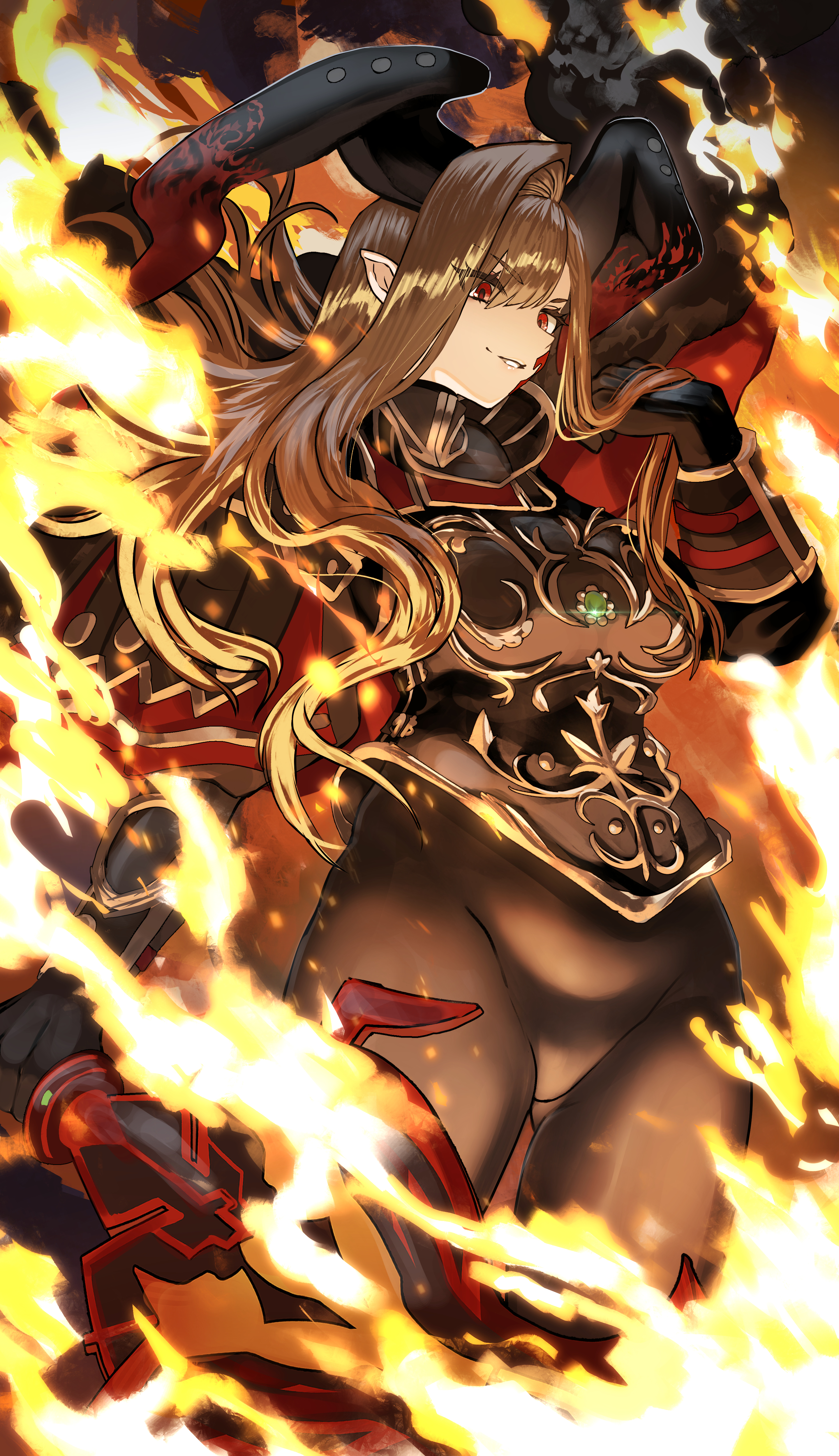 shibao aoyama, nero claudius (fate), queen draco (fate), queen draco (third ascension) (fate), fate/grand order, fate (series), absurdres, highres, 1girl, aestus estus (queen draco), arm guards, armor, asymmetrical bangs, black armor, black bodysuit, black gloves, blonde hair, bodysuit, breastplate, breasts, cape, facial mark, fire, fur-trimmed cape, fur trim, gloves, grin, hair over one eye, horns, large breasts, long hair, looking at viewer, pauldrons, pointy ears, red eyes, shoulder armor, smile, solo, sword, thighs, weapon