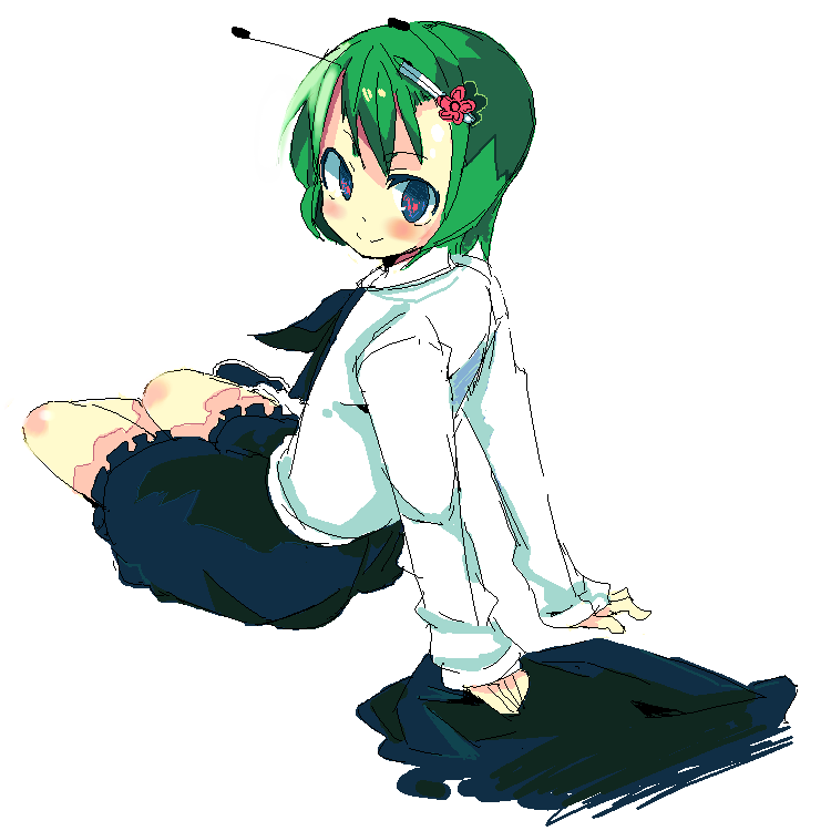 kanikama, wriggle nightbug, touhou, 1girl, alternate hairstyle, antennae, arm support, blue eyes, dress shirt, female focus, green hair, hair ornament, hairclip, leaning back, oekaki, shirt, short hair, simple background, sitting, solo, yokozuwari