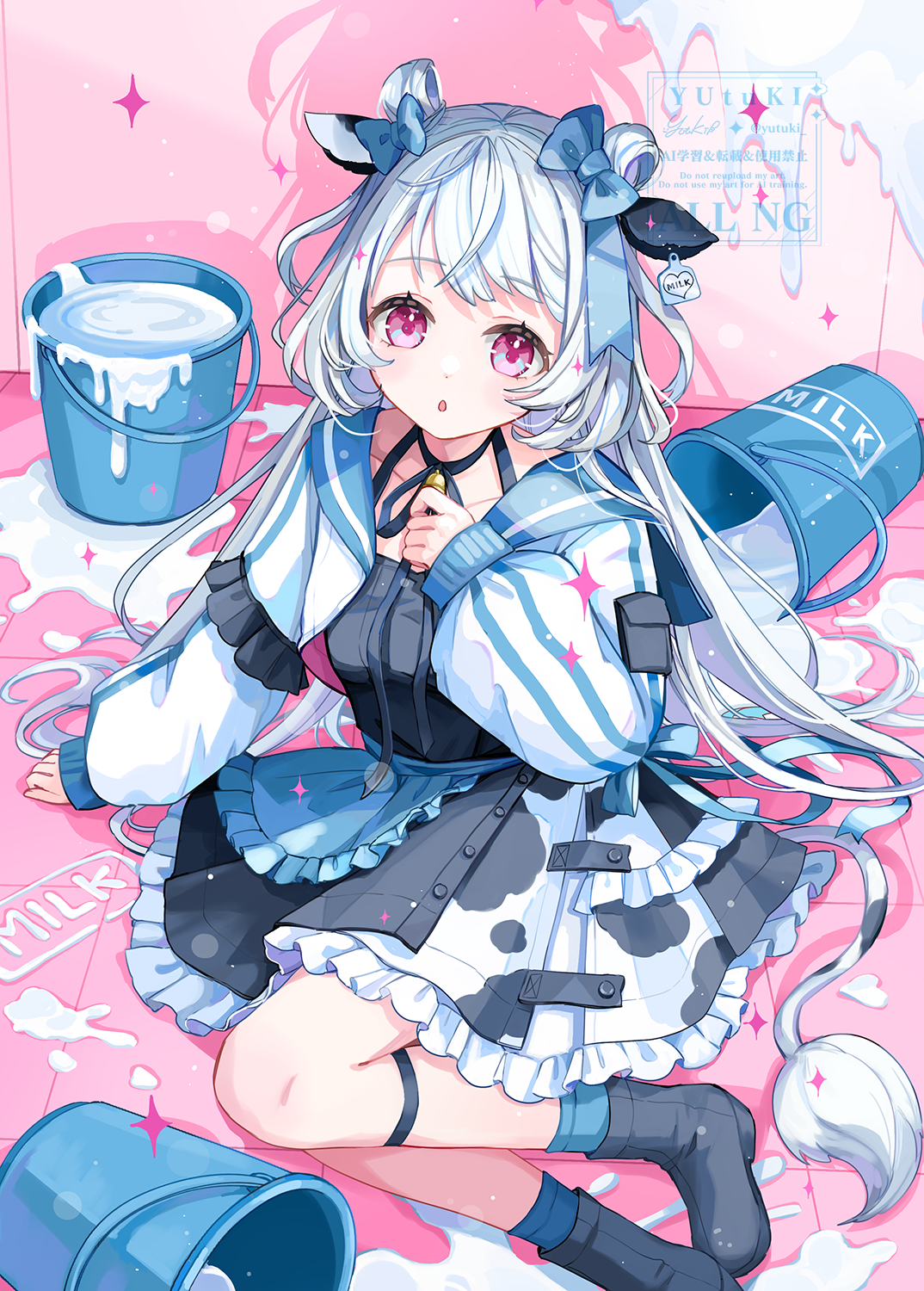 yutukicom, original, commentary request, highres, 1girl, animal ears, animal print, apron, arm up, bell, black boots, black dress, black ribbon, blue apron, blue bow, blue socks, boots, bow, bucket, cow ears, cow print, cow tail, cropped jacket, dress, frilled apron, frilled skirt, frills, hair bow, jacket, knee strap, long hair, long sleeves, looking at viewer, milk, open clothes, open jacket, open mouth, pink eyes, ribbon, sitting, skirt, socks, solo, tail, watermark, white hair, white jacket