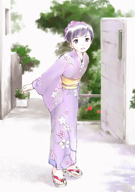 yoshizuki kumichi, floral print, floral print kimono, geta, japanese clothes, kimono, leaning forward, print kimono, short hair, solo, yukata
