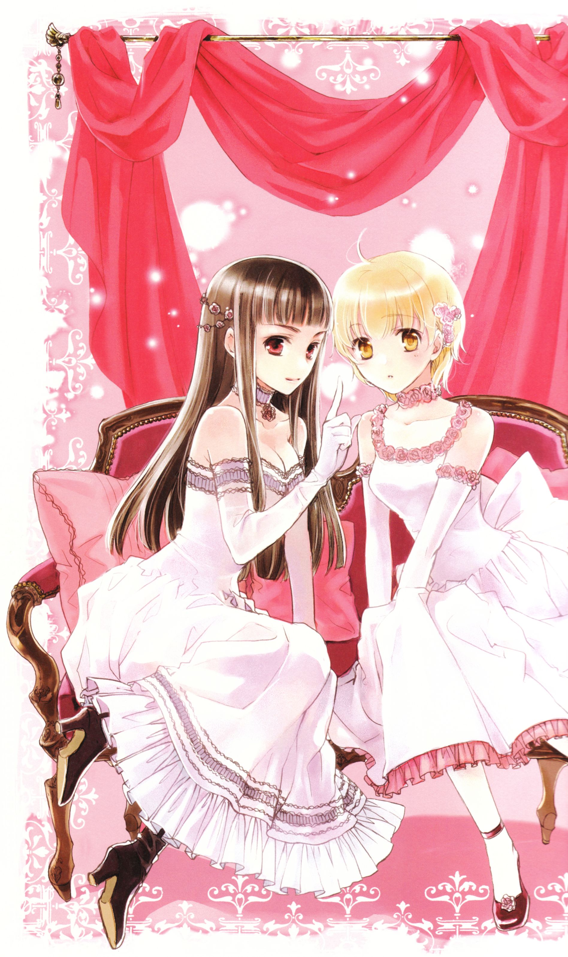 kuramoto kaya, shizuru-san, yoh-chan, shizuru-san series, absurdres, highres, 2girls, bare shoulders, black hair, blonde hair, brown eyes, choker, dress, elbow gloves, gloves, multiple girls, red eyes, strapless, strapless dress