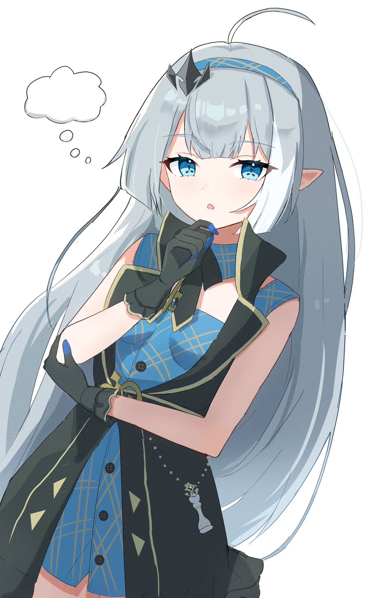 female tyrant (stella sora), stella sora, commentary request, variant set, 1girl, ahoge, bare arms, belt, black belt, black gloves, black ribbon, black vest, blue eyes, blue hairband, blunt sidelocks, breasts, breasts apart, buttons, center-flap bangs, chess piece, coat dress, cowboy shot, detached collar, dress, frilled gloves, frills, gloves, grey hair, hair ornament, hairband, hand on own chin, hand on own elbow, key, lapels, long hair, multicolored hair, nanatsushi, neck ribbon, notched lapels, open clothes, open mouth, open vest, plaid clothes, plaid dress, plaid hairband, poi, pointy ears, ribbon, sidelocks, simple background, sleeveless, sleeveless dress, small breasts, solo, speech bubble, standing, straight hair, streaked hair, stroking own chin, symbol in eye, thought bubble, two-tone hair, tyrant (stella sora), very long hair, vest, white background, white streaks