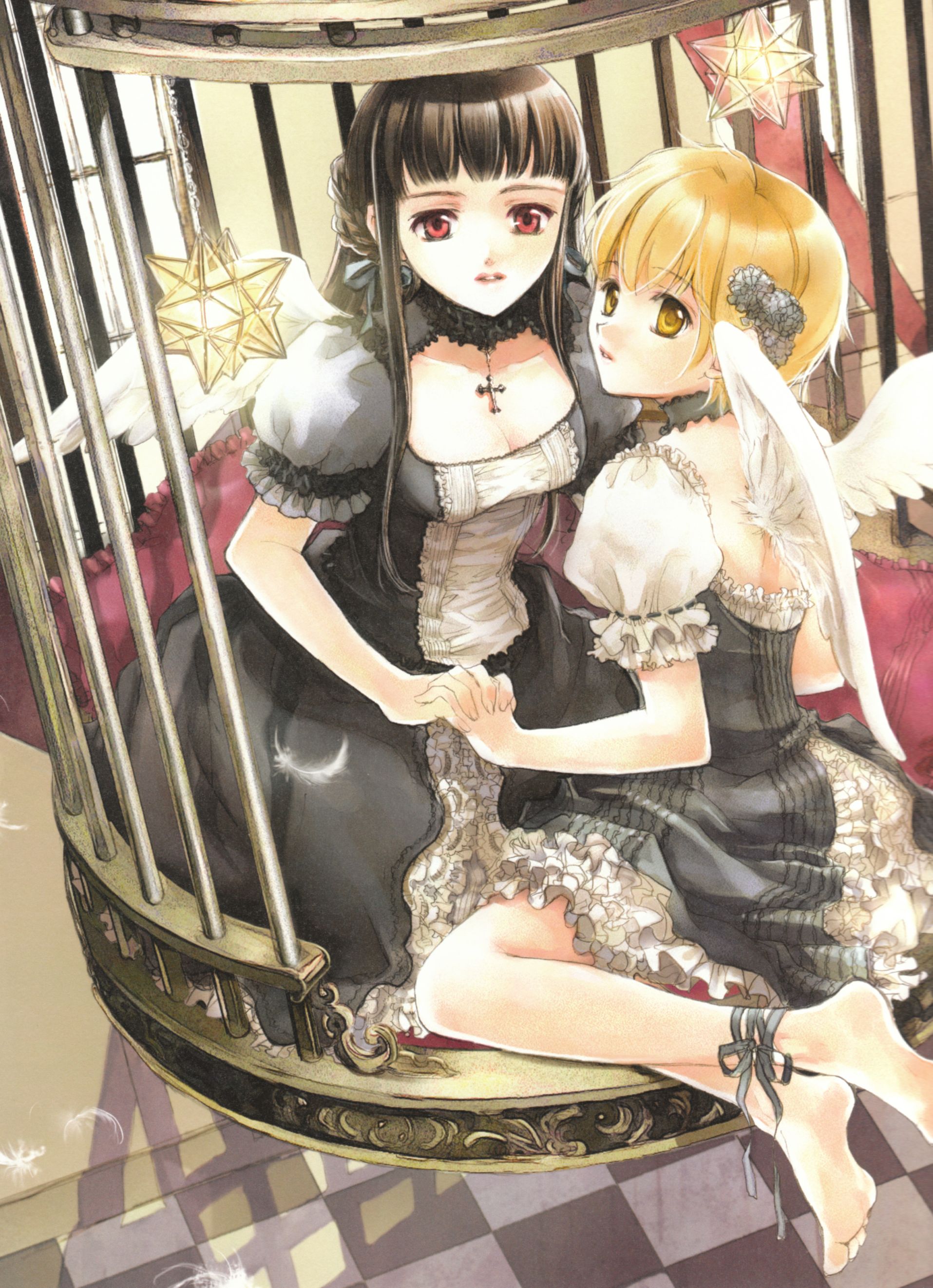 kuramoto kaya, shizuru-san, yoh-chan, shizuru-san series, absurdres, highres, 2girls, barefoot, black hair, blonde hair, brown eyes, cage, dress, feet, holding hands, multiple girls, red eyes, star (symbol), wings