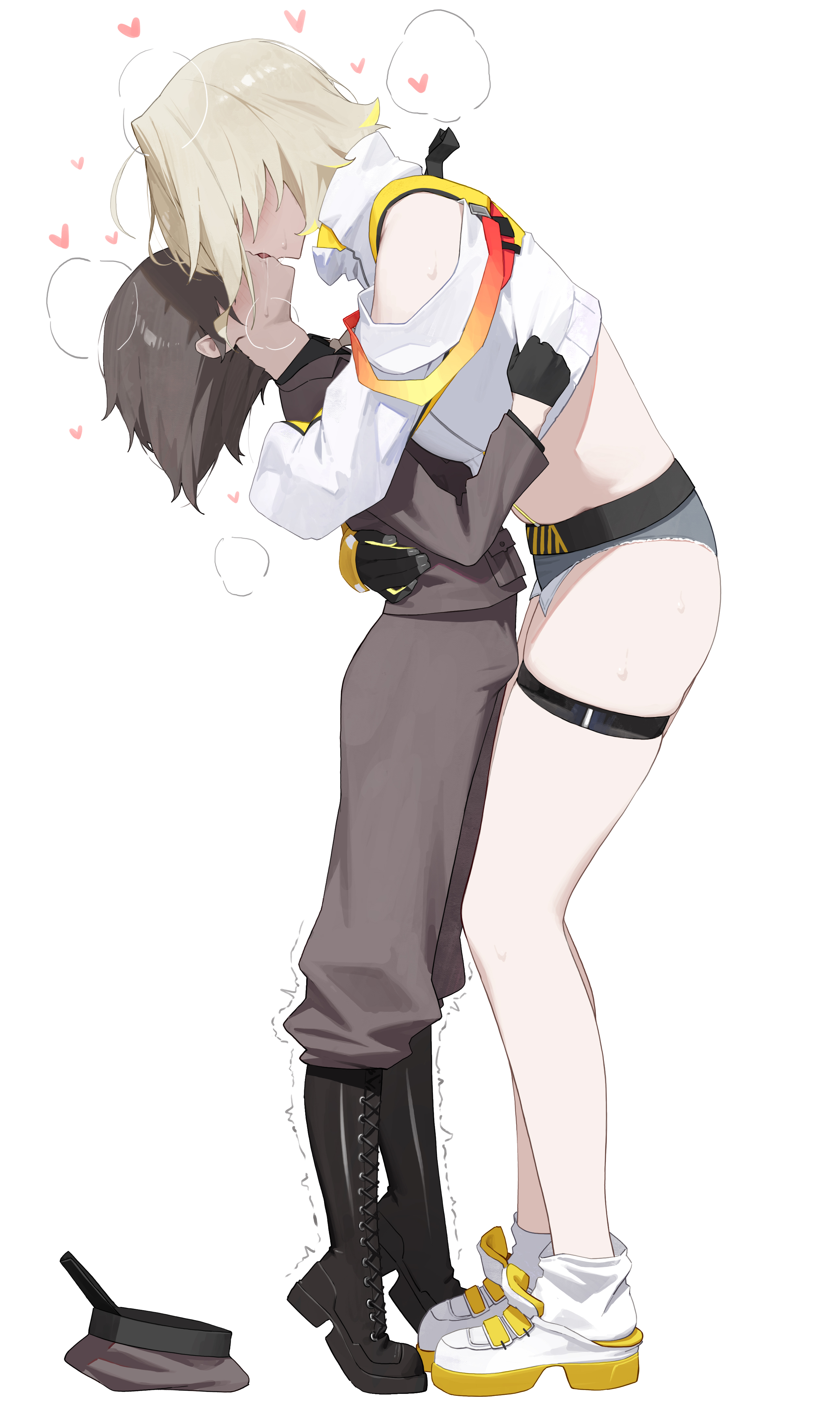 nikku nana, commander (nikke), elegg (nikke), goddess of victory: nikke, absurdres, commentary, highres, symbol-only commentary, 1boy, 1girl, black boots, black hair, blonde hair, boots, french kiss, full body, heart, height difference, hetero, jacket, kiss, long sleeves, military uniform, multicolored hair, shoes, short hair, short shorts, shorts, simple background, standing, sweat, thigh strap, two-tone hair, white background, white jacket, white shoes