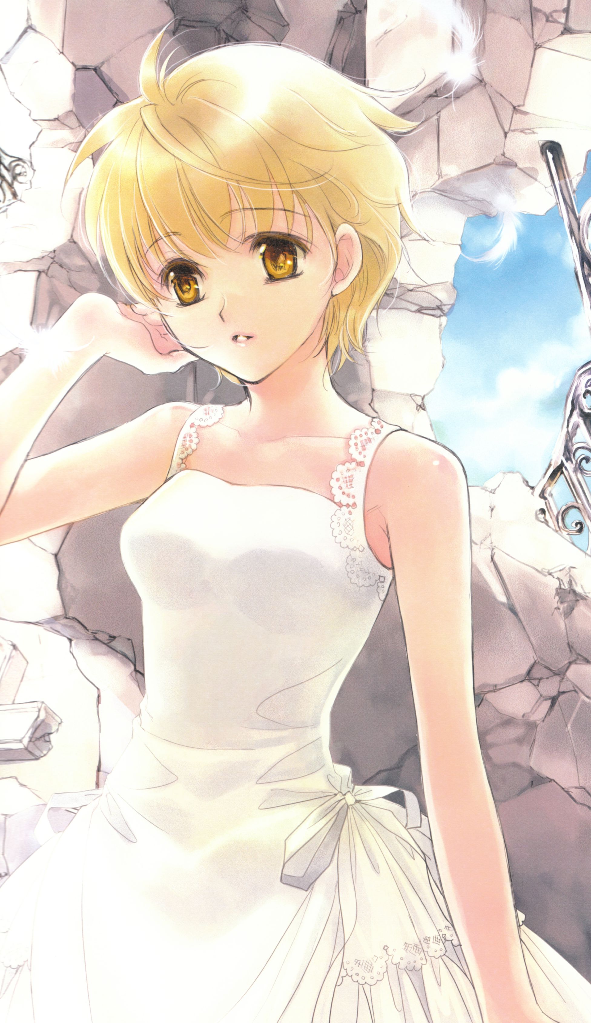 kuramoto kaya, absurdres, highres, 1girl, bare shoulders, blonde hair, brown eyes, dress, female focus, short hair, solo, white dress, yellow eyes