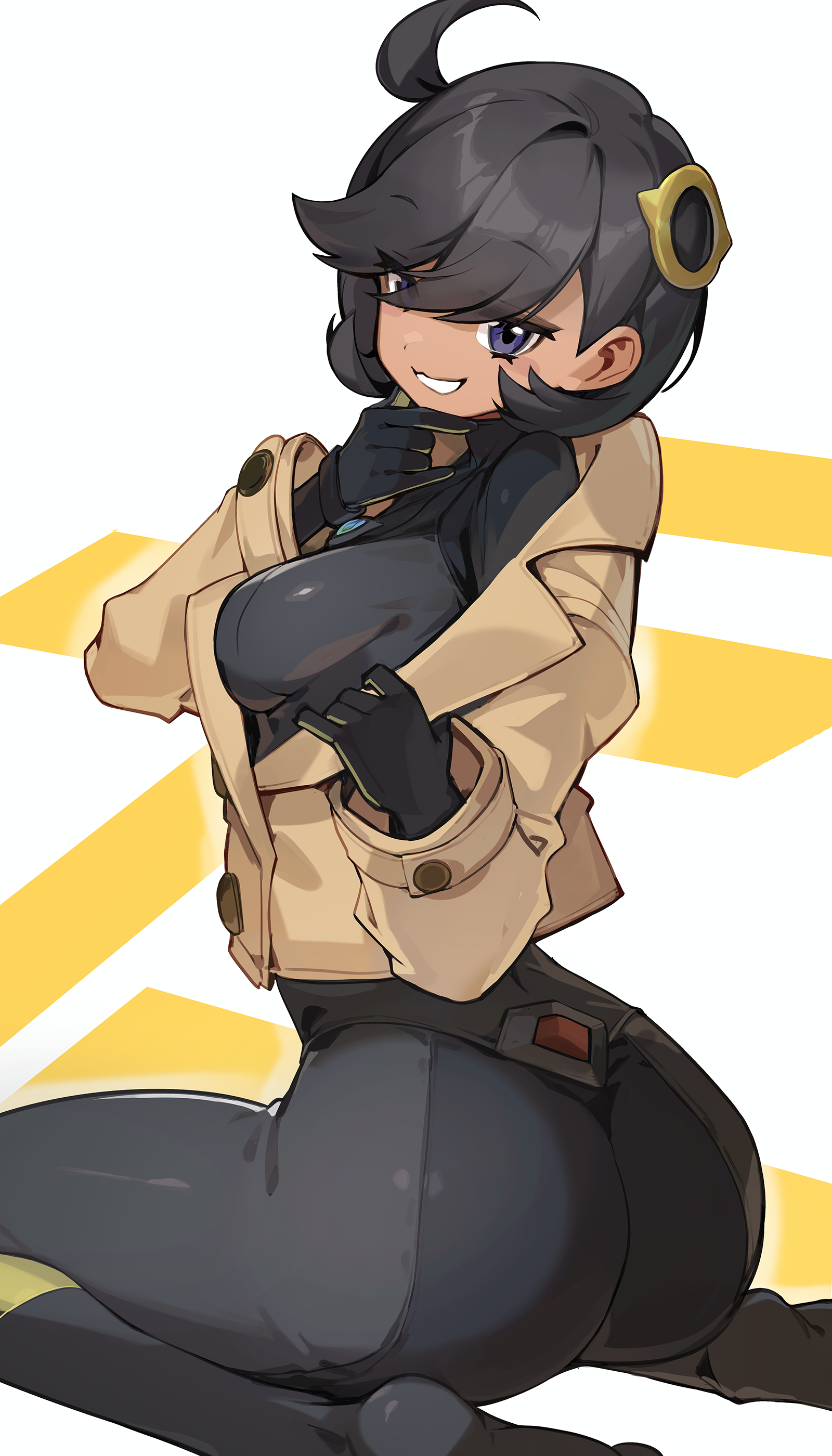 goomrrat, emma (pokemon), nintendo, pokemon, pokemon legends: z-a, absurdres, commentary request, highres, 1girl, ass, ass focus, black bodysuit, black hair, bodysuit, bodysuit under clothes, breasts, brown jacket, cowlick, dark-skinned female, dark skin, grin, jacket, jacket partially removed, looking at viewer, medium breasts, mega stone, purple eyes, short hair, simple background, sitting, smile, solo, wariza