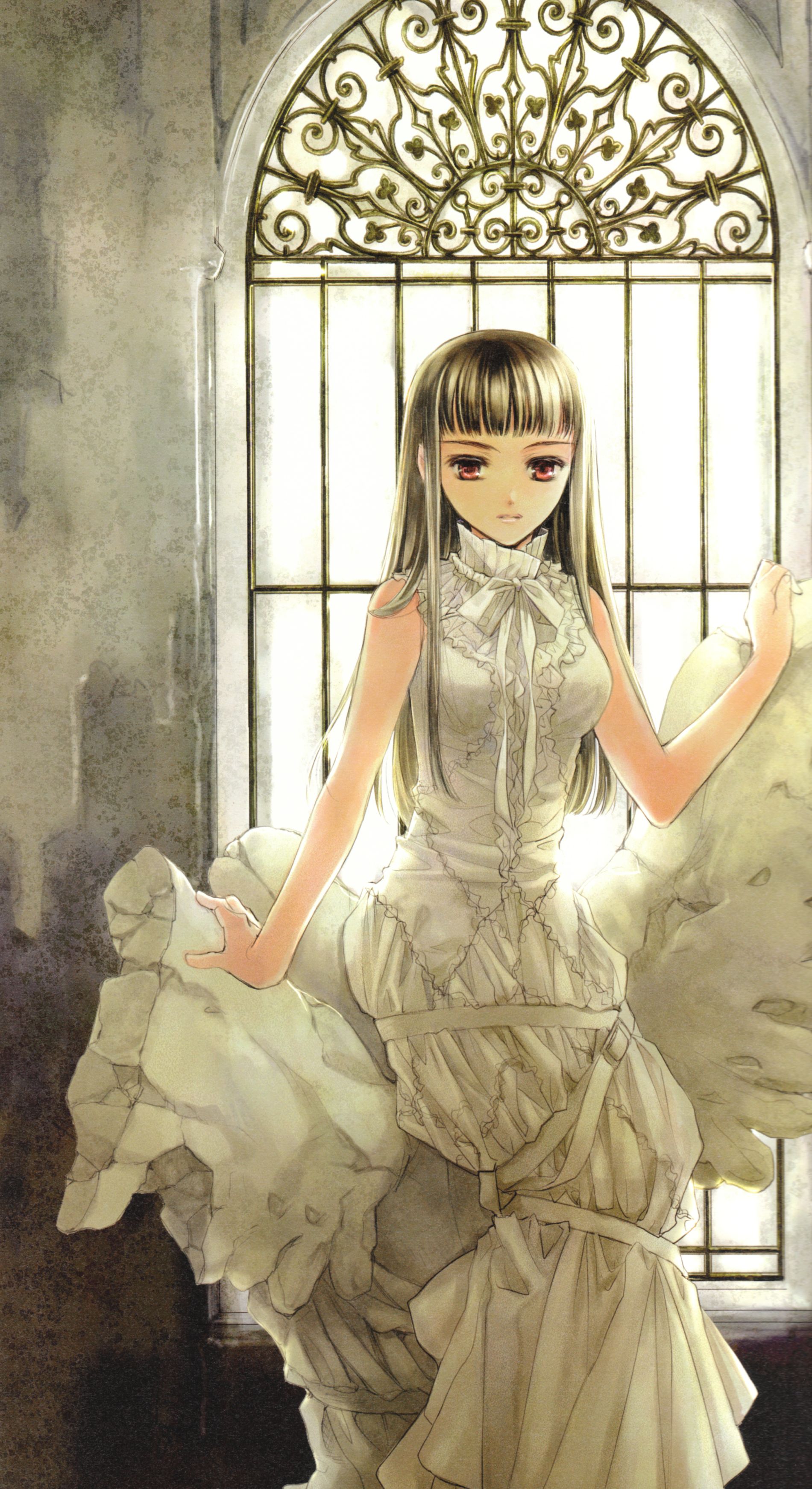 kuramoto kaya, absurdres, highres, backlighting, black hair, blunt bangs, dress, long hair, red eyes, sitting