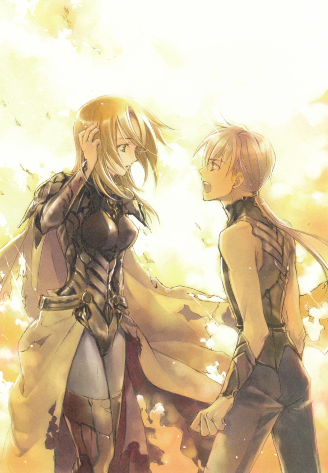 kuramoto kaya, highres, 1boy, 1girl, armor, blonde hair, brown hair, cape, long hair, open mouth, ponytail