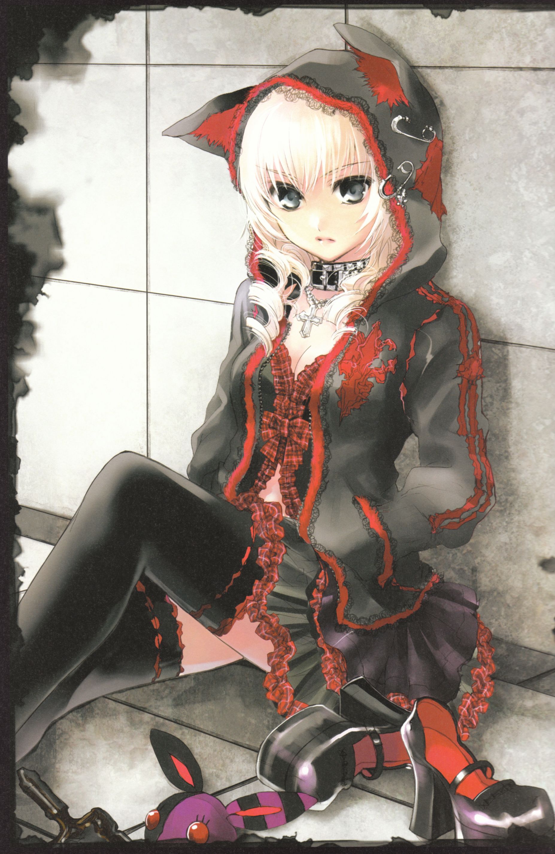 kuramoto kaya, original, plaid, absurdres, highres, 1girl, animal ears, black shoes, black thighhighs, blonde hair, blue eyes, breasts, choker, cleavage, cross, female focus, hands in pockets, looking at viewer, safety pin, shoes, sitting, solo, stuffed animal, stuffed rabbit, stuffed toy, thighhighs, tile wall, tiles