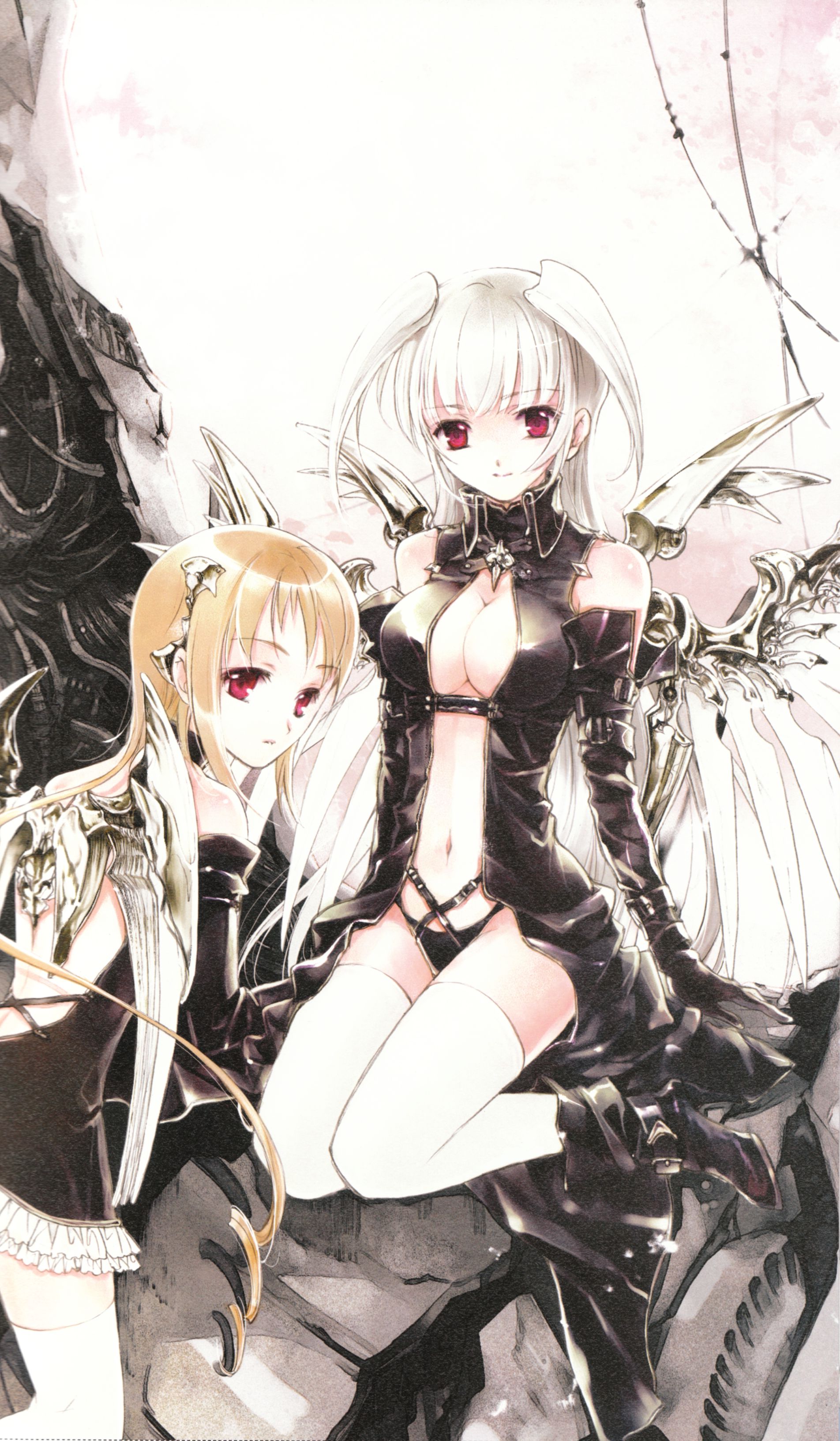 kuramoto kaya, absurdres, highres, 2girls, blonde hair, breasts, cleavage, elbow gloves, gloves, medium breasts, multiple girls, navel, red eyes, thighhighs, white hair, white thighhighs, wings