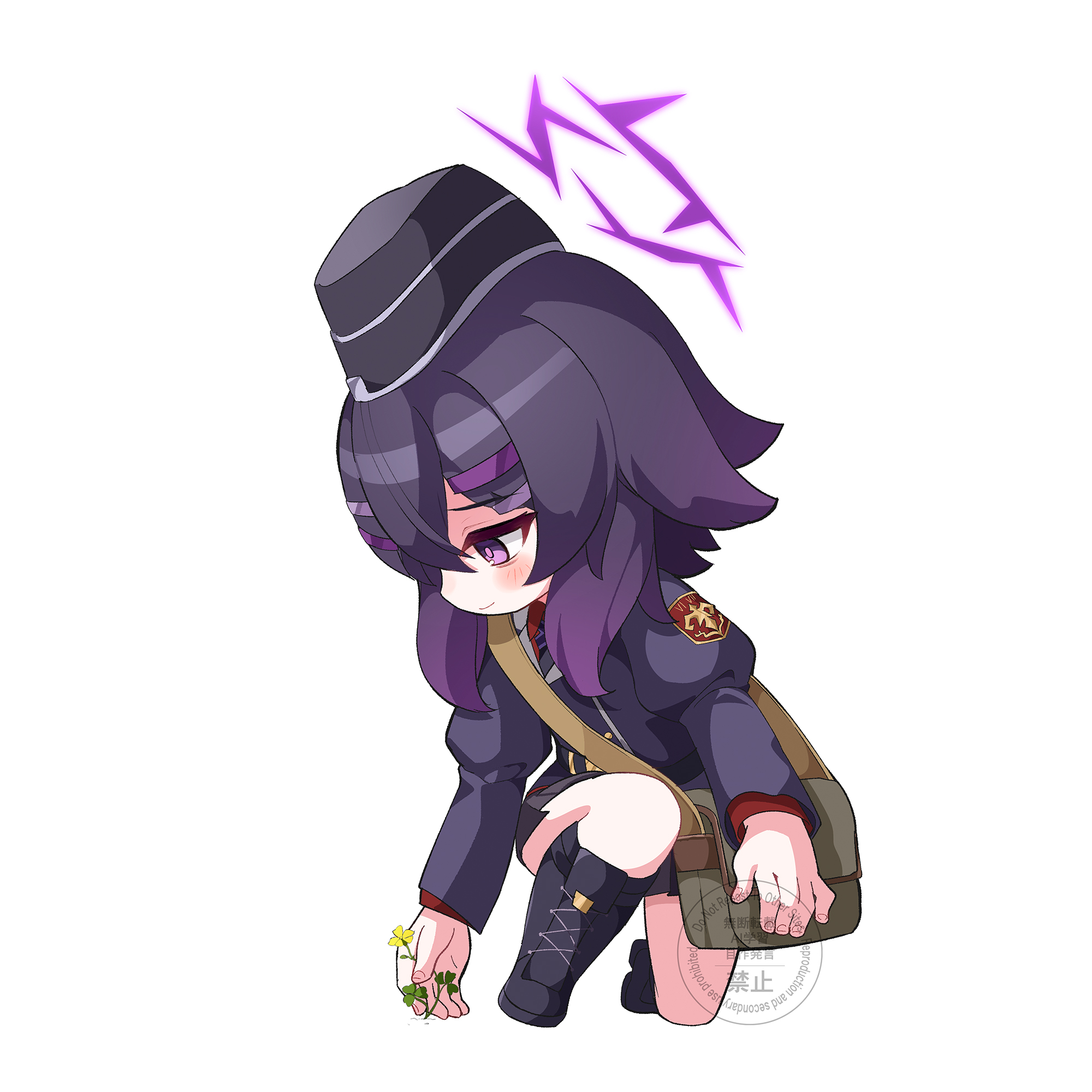 ame., haruka (blue archive), blue archive, commentary request, highres, 1girl, bag, black boots, black hat, black jacket, black skirt, blush, boots, closed mouth, flower, full body, garrison cap, hair between eyes, hair ornament, hairclip, halo, hat, jacket, juliet sleeves, knee boots, long hair, long sleeves, looking down, on one knee, pleated skirt, puffy sleeves, purple eyes, purple hair, shoulder bag, simple background, skirt, smile, solo, watermark, white background, yellow flower