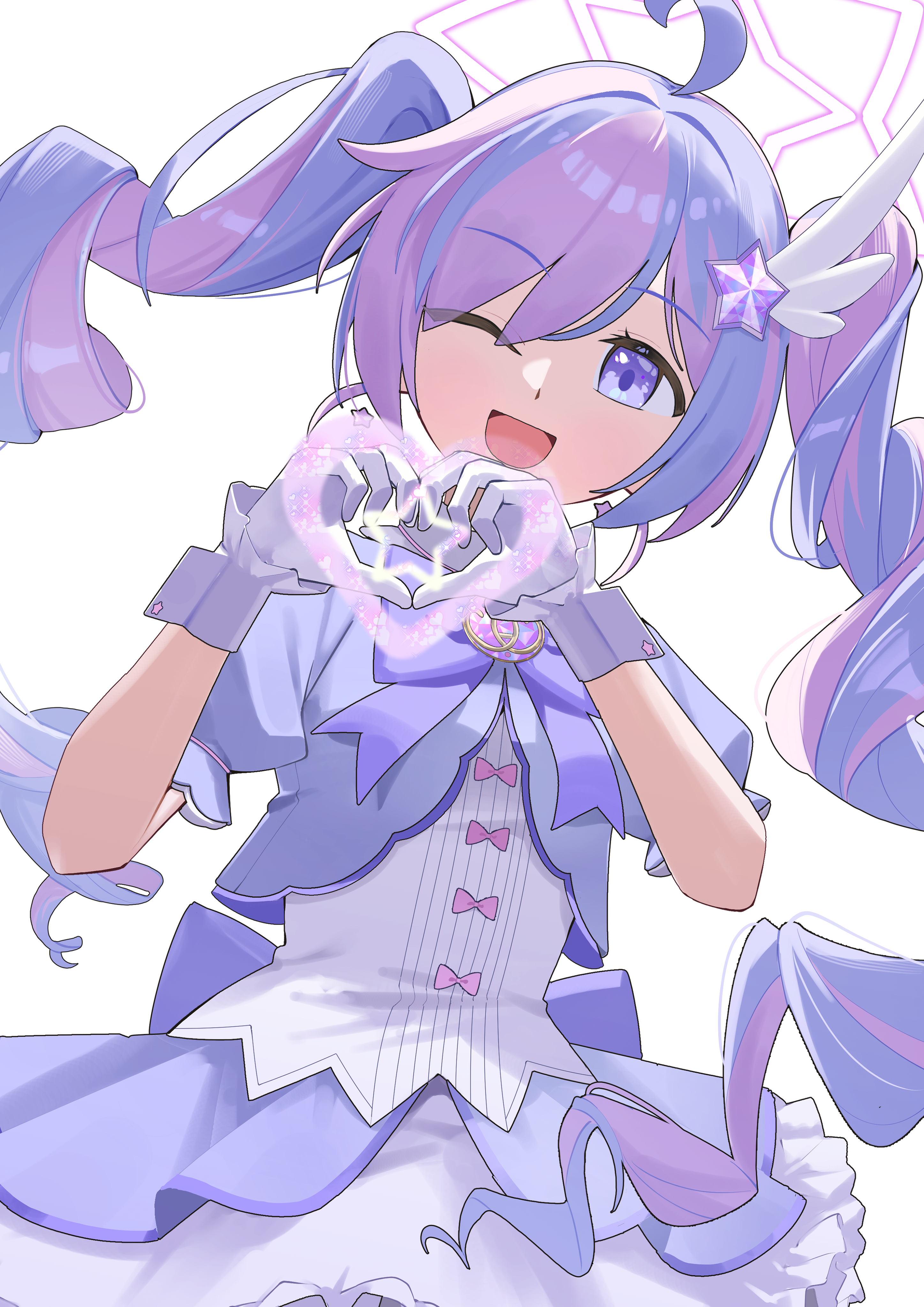 fukujin, reisa (blue archive), reisa (magical) (blue archive), blue archive, absurdres, highres, 1girl, ahoge, gloves, hair ornament, halo, heart, heart hands, long hair, looking at viewer, magical girl, multicolored hair, one eye closed, open mouth, purple eyes, purple hair, short sleeves, smile, solo, star (symbol), star hair ornament, twintails, white background, white gloves