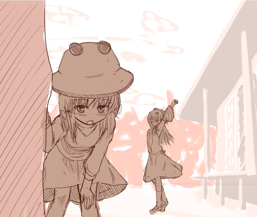 ket-c, kochiya sanae, moriya suwako, touhou, 2girls, arm support, arms up, bent over, blush, female focus, hat, heavy breathing, long hair, monochrome, multiple girls, pink theme, short hair, sketch, standing