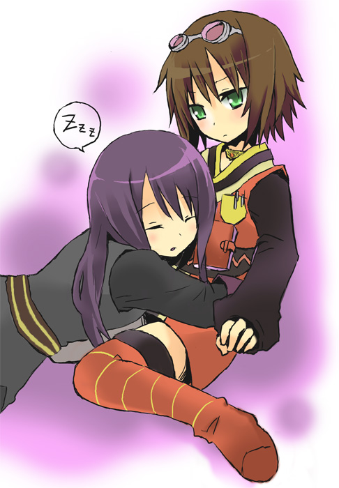 hinazaki, rita mordio, yuri lowell, tales of (series), tales of vesperia, bad id, bad pixiv id, 00s, 1boy, 1girl, black hair, bob cut, brown hair, goggles, green eyes, long hair, long sleeves, sleeping, thighhighs