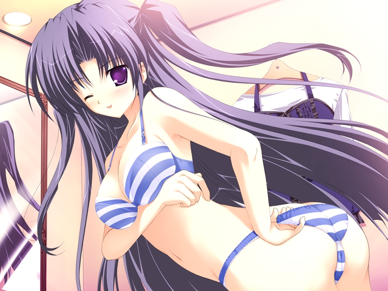 mikeou, takami rin, lyrical ds, lyrical lyric, breast hold, game cg, non-web source, 1girl, bra, breasts, female focus, lingerie, long hair, mirror, one eye closed, panties, purple eyes, purple hair, solo, striped bra, striped clothes, striped panties, twintails, underwear, underwear only, wink