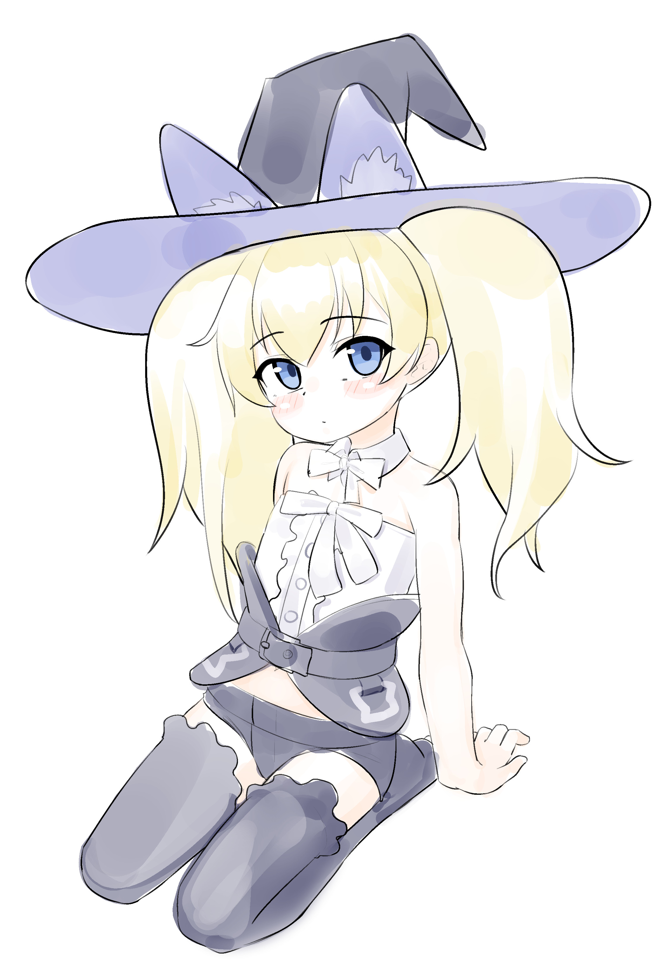 maru (marg0613), gambier bay (halloween) (kancolle), gambier bay (kancolle), kantai collection, absurdres, highres, 1girl, aged down, animal ear fluff, animal ears, black shorts, black thighhighs, blonde hair, blue eyes, cat ears, corset, detached collar, flat chest, frilled thighhighs, frills, halloween costume, hat, long hair, shirt, short shorts, shorts, solo, strapless, thighhighs, tube top, twintails, white shirt, witch hat