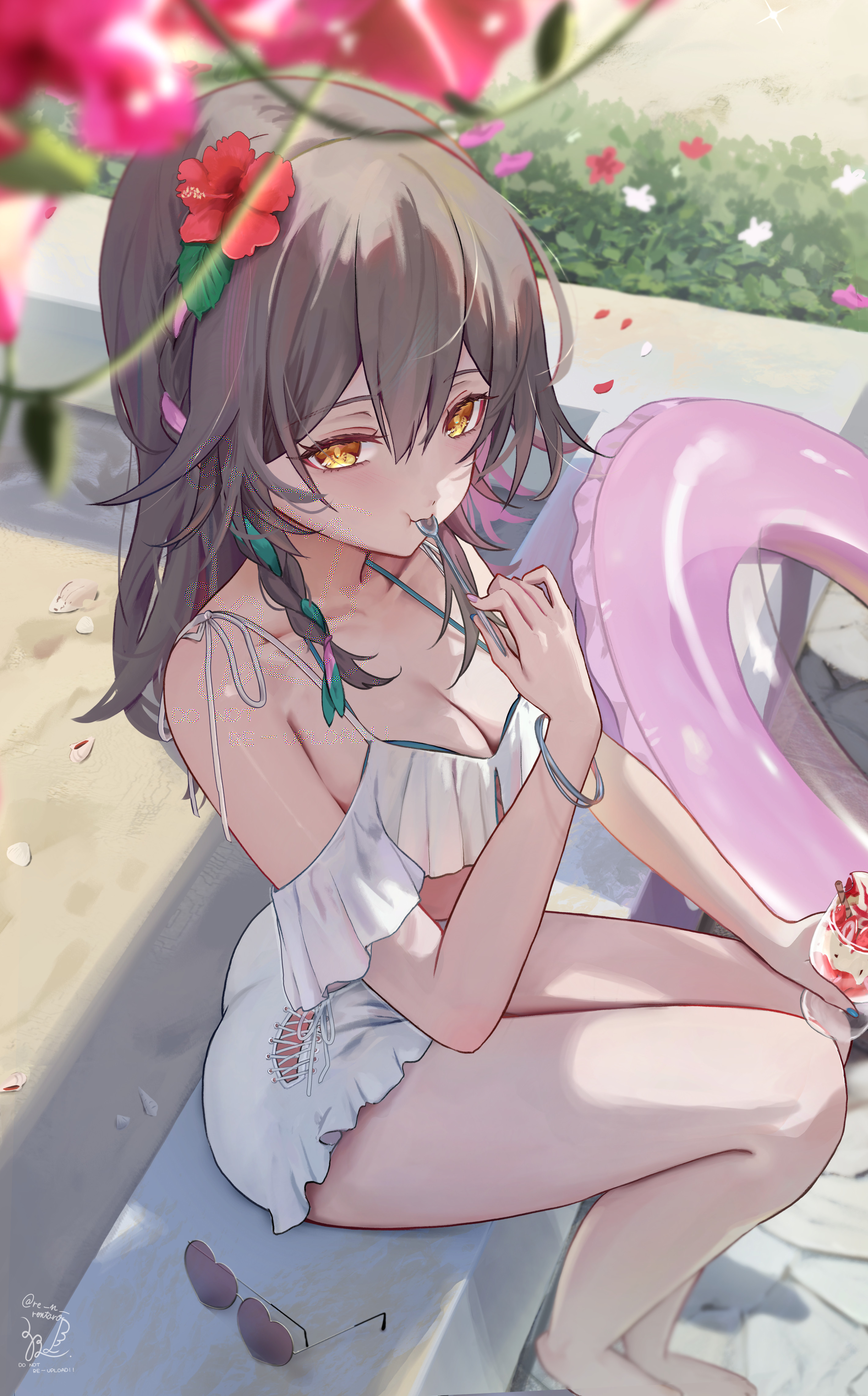 sazanami (re n rentaro), stelle (honkai: star rail), trailblazer (honkai: star rail), honkai: star rail, honkai (series), absurdres, highres, 1girl, box, bracelet, breasts, cleavage, cup, eating, grey hair, heart-shaped box, holding, holding spoon, ice cream cup, jewelry, large breasts, long hair, looking at viewer, multicolored hair, outdoors, signature, sitting, spoon, sunglasses, swim ring, unworn eyewear, utensil in mouth, yellow eyes