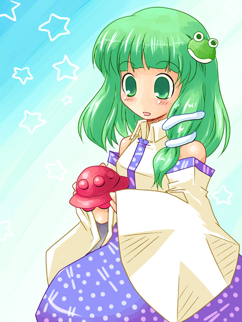 kanoe soushi, kochiya sanae, touhou, undefined fantastic object, 1girl, female focus, green eyes, green hair, matching hair/eyes, solo, ufo