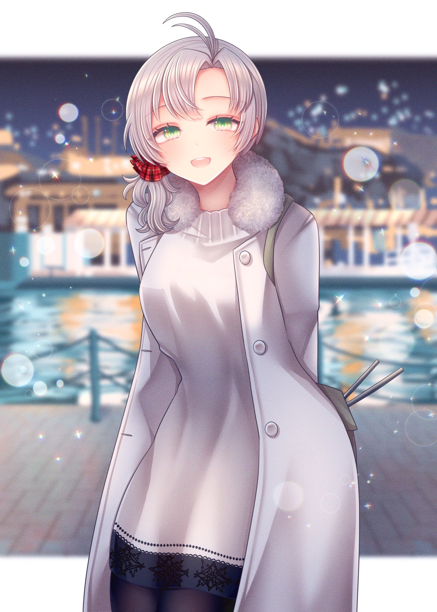 nagi kantai114, kinugasa (kancolle), kinugasa kai ni (christmas) (kancolle), kinugasa kai ni (kancolle), kantai collection, commentary request, highres, 1girl, black pantyhose, coat, cowboy shot, dress, fur-trimmed coat, fur trim, green eyes, grey hair, hair ornament, hair scrunchie, long hair, looking at viewer, outdoors, pantyhose, scrunchie, smile, snow, solo, sweater, sweater dress, white coat, white dress