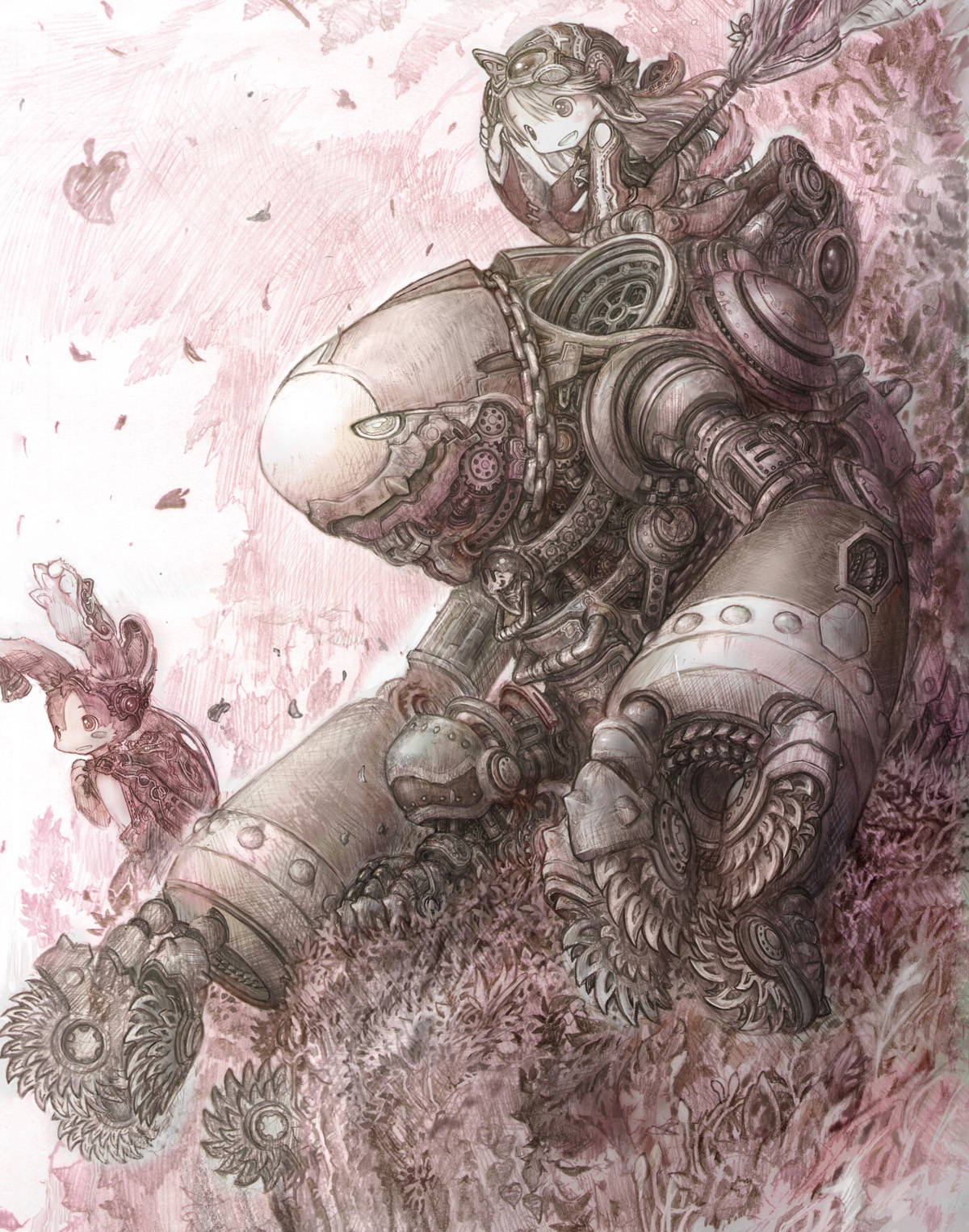 tsukushi akihito, original, highres, 1girl, circular saw, furry, furry female, mecha, monochrome, pink theme, rabbit, robot, saw, steampunk