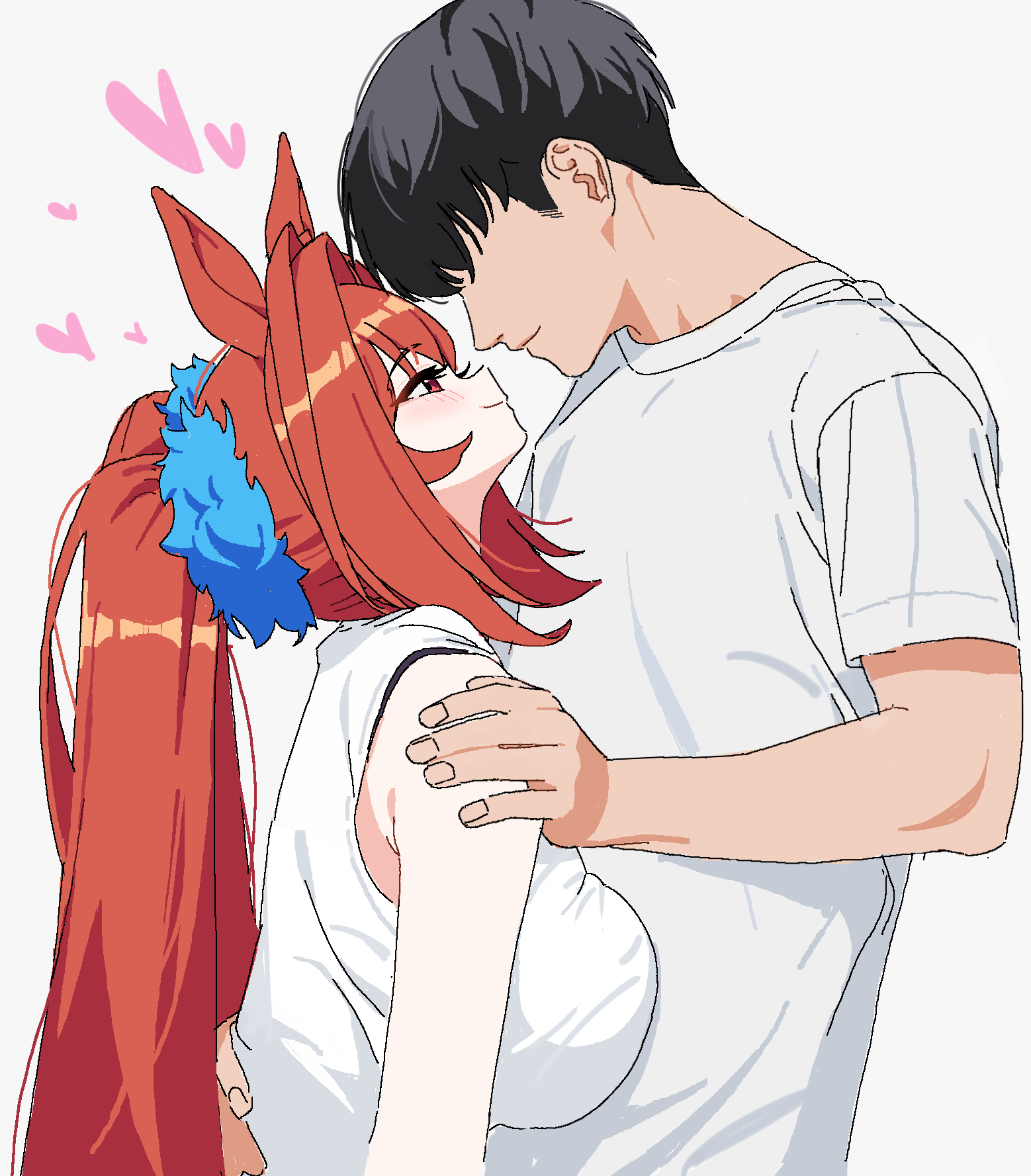 acaa, daiwa scarlet (umamusume), umamusume, commentary request, highres, revision, 1boy, 1girl, animal ears, black hair, blush, breast press, breasts, closed mouth, faceless, faceless male, from side, grey background, grey shirt, hetero, horse ears, horse girl, large breasts, long hair, looking at another, red eyes, shirt, short hair, simple background, smile, t-shirt, twintails, white shirt