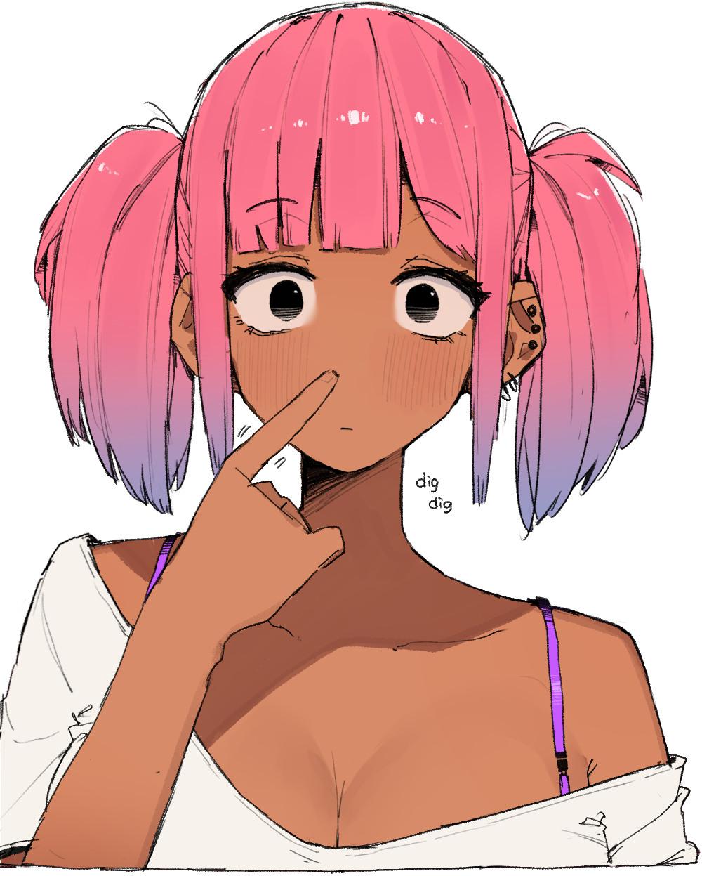 ohasi, original, highres, 1girl, black eyes, blush, breasts, cleavage, collarbone, dark-skinned female, dark skin, ear piercing, large breasts, looking at viewer, piercing, pink hair, shirt, simple background, solo, twintails, upper body, white background, white shirt