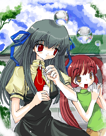 toshi (little-fluffy-cloud), michiru (air), toono minagi, air (visual novel), lowres, 00s, black hair, bubble, hair ribbon, long hair, oekaki, red eyes, red hair, ribbon, school uniform, twintails