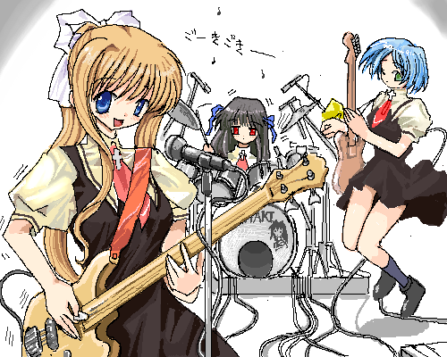 toshi (little-fluffy-cloud), kamio misuzu, kirishima kano, toono minagi, air (visual novel), lowres, 00s, band (music), black hair, blonde hair, blue eyes, blue hair, drum, drum set, green eyes, guitar, hair ribbon, instrument, jumping, long hair, microphone, microphone stand, oekaki, quality, red eyes, ribbon, school uniform