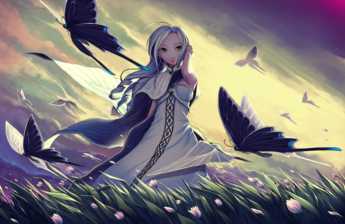 kimura daisuke, silver hair, bad id, bad pixiv id, adjusting hair, armpits, bug, butterfly, cloak, cloud, dress, field, flower, green eyes, insect, lipstick, makeup, sky, solo, wind
