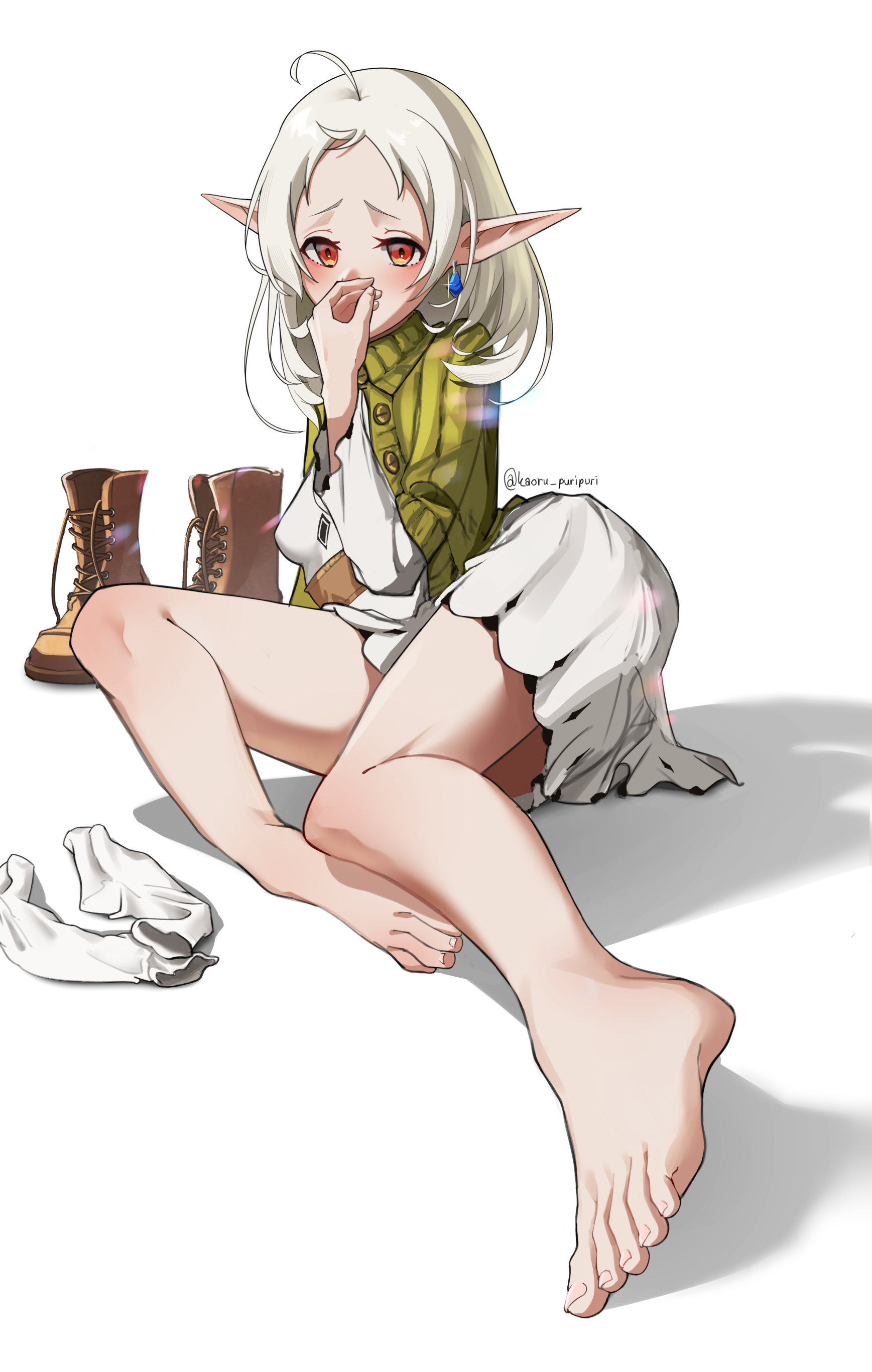 kaoru puripuri, sylphiette (mushoku tensei), mushoku tensei, absurdres, highres, 1girl, barefoot, boots, feet, light blush, long hair, looking at viewer, pointy ears, red eyes, shoes, socks, toes, unworn boots, unworn shoes, unworn socks, white hair, white socks