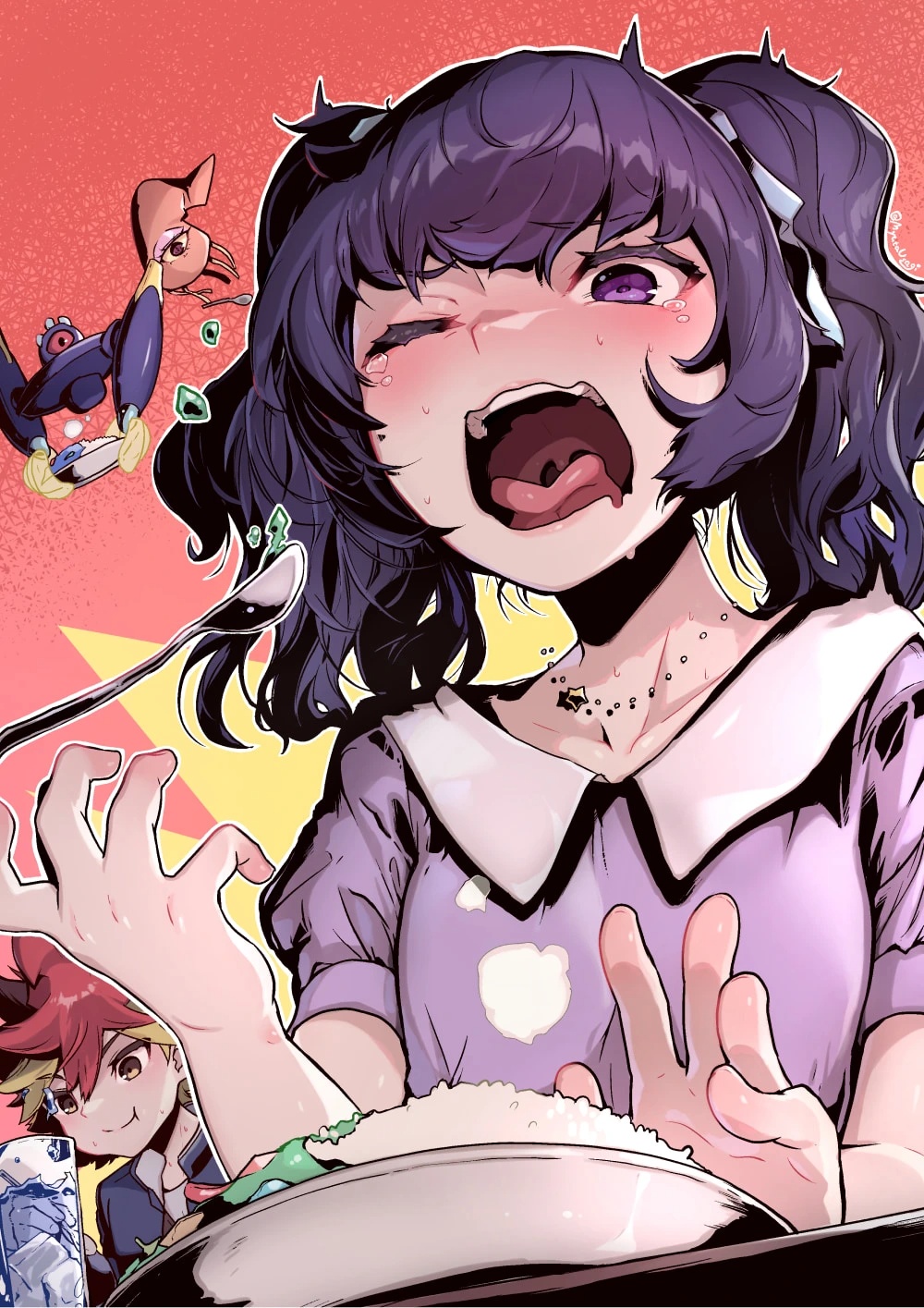 myuutau tadakichi, ohdo yuhi, yu-gi-oh!, yu-gi-oh! go rush!!, highres, tagme, 1boy, 1girl, jewelry, necklace, one eye closed, oral, purple eyes, rice, tears, wink