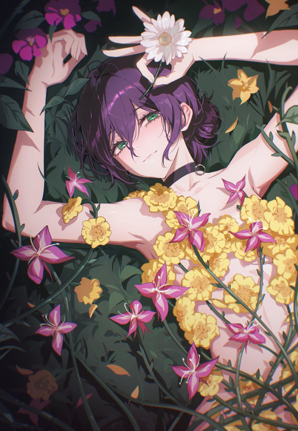 tokkyu, reze (chainsaw man), chainsaw man, highres, 1girl, arms up, black choker, breasts, choker, closed mouth, collarbone, flower, flower censor, green eyes, hair between eyes, holding, holding flower, looking at viewer, lying, nude, on back, on grass, purple hair, small breasts, solo, thorns, white flower, yellow flower