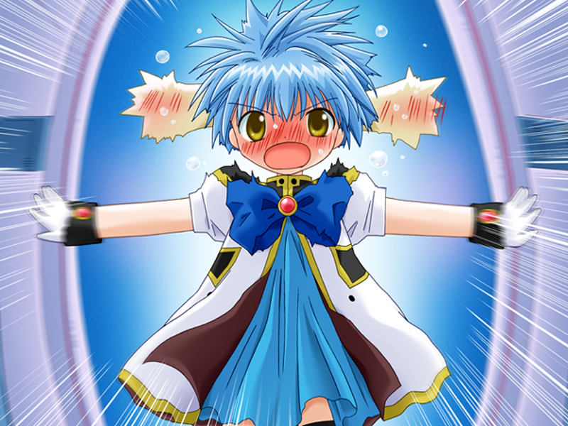 mint blancmanche, broccoli (company), galaxy angel, uniform, game cg, 00s, 1girl, animal ears, blue hair, blue skirt, blush, female focus, gloves, open mouth, short hair, skirt, solo, yellow eyes