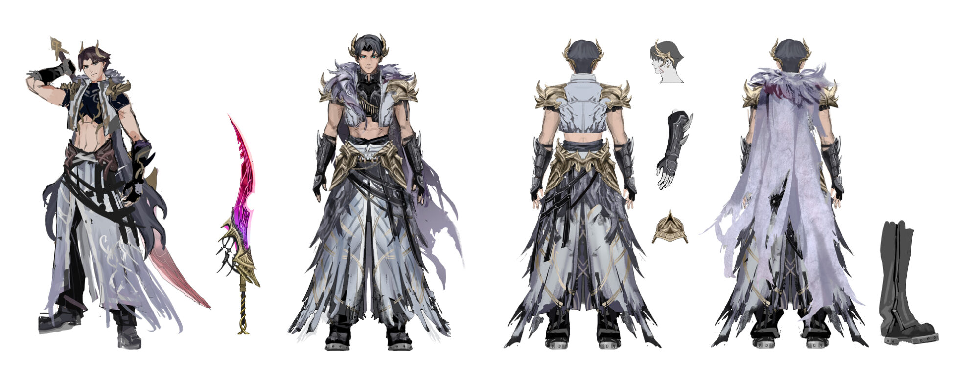 angeal hewley, final fantasy, final fantasy vii, final fantasy vii ever crisis, concept art, highres, official art, 1boy, abs, angeal hewley (garb of the worthy), armor, armored gloves, black boots, black gloves, black hair, black pants, black shirt, blue eyes, boots, crop top, facial mark, facing away, facing viewer, fingerless gloves, fur-trimmed vest, fur trim, gloves, gold armor, grey vest, holding, holding sword, holding weapon, laurel crown, male focus, midriff, multiple views, official alternate costume, pants, parted bangs, shirt, short hair, short sleeves, solo, sword, sword on back, vest, waist cape, weapon, weapon on back, white background