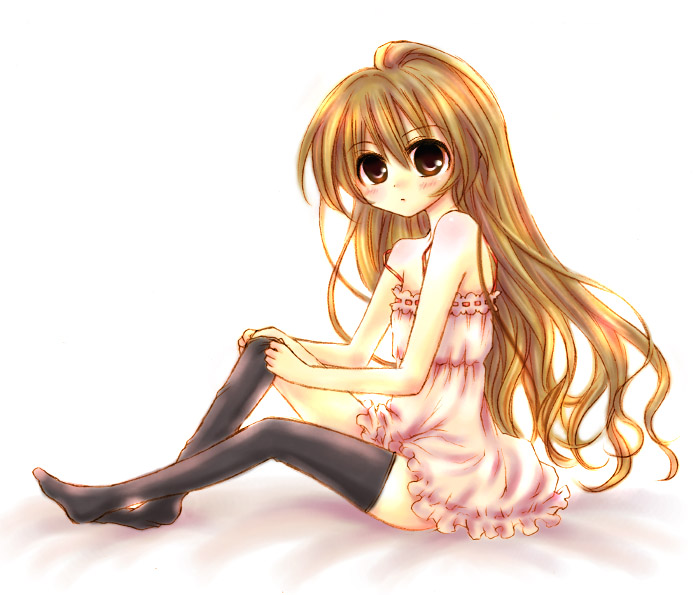 setsuri, setsuri (sugar), aisaka taiga, toradora!, 00s, 1girl, brown eyes, brown hair, female focus, flat chest, lingerie, long hair, nightgown, solo, thighhighs, underwear, zettai ryouiki