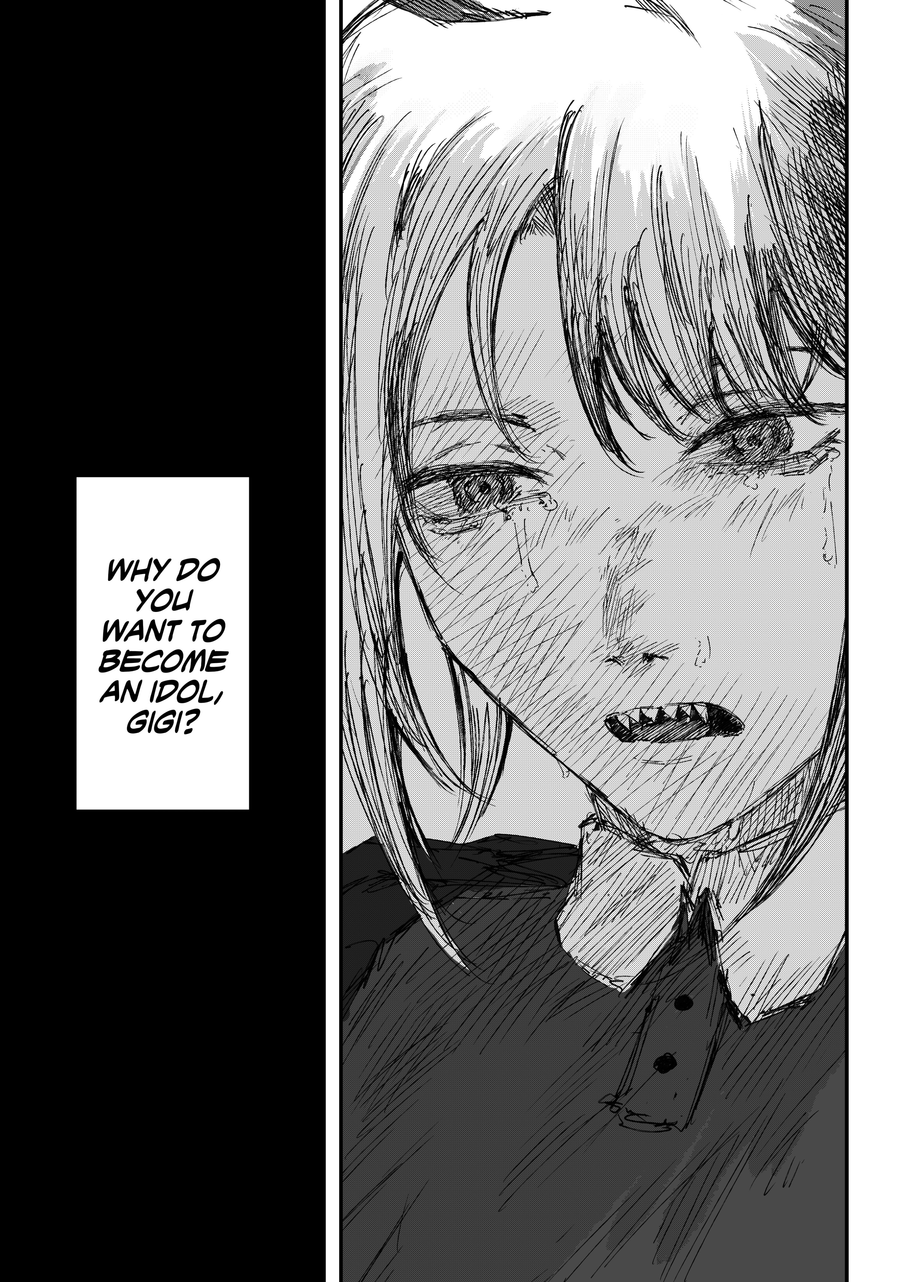 kizuru09, gigi murin, hololive, hololive english, absurdres, commentary, english commentary, highres, 1girl, english text, greyscale, monochrome, open mouth, polo shirt, sharp teeth, solo, teeth, virtual youtuber