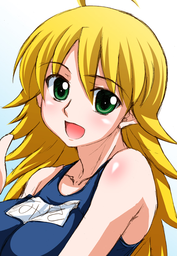 rikumoto yoshiyuki, hoshii miki, idolmaster, idolmaster (classic), 00s, 1girl, ahoge, blonde hair, breasts, female focus, gradient background, green eyes, long hair, one-piece swimsuit, school swimsuit, solo, swimsuit