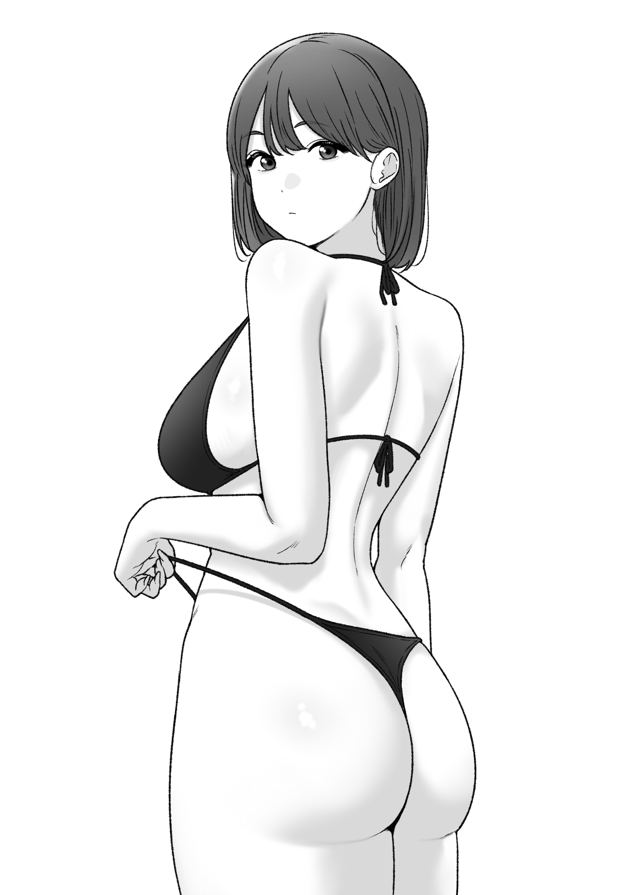 tantanmen72, original, absurdres, commentary request, highres, 1girl, ass, bikini, breasts, greyscale, looking at viewer, looking back, medium breasts, medium hair, monochrome, simple background, solo, standing, strap pull, swimsuit, white background